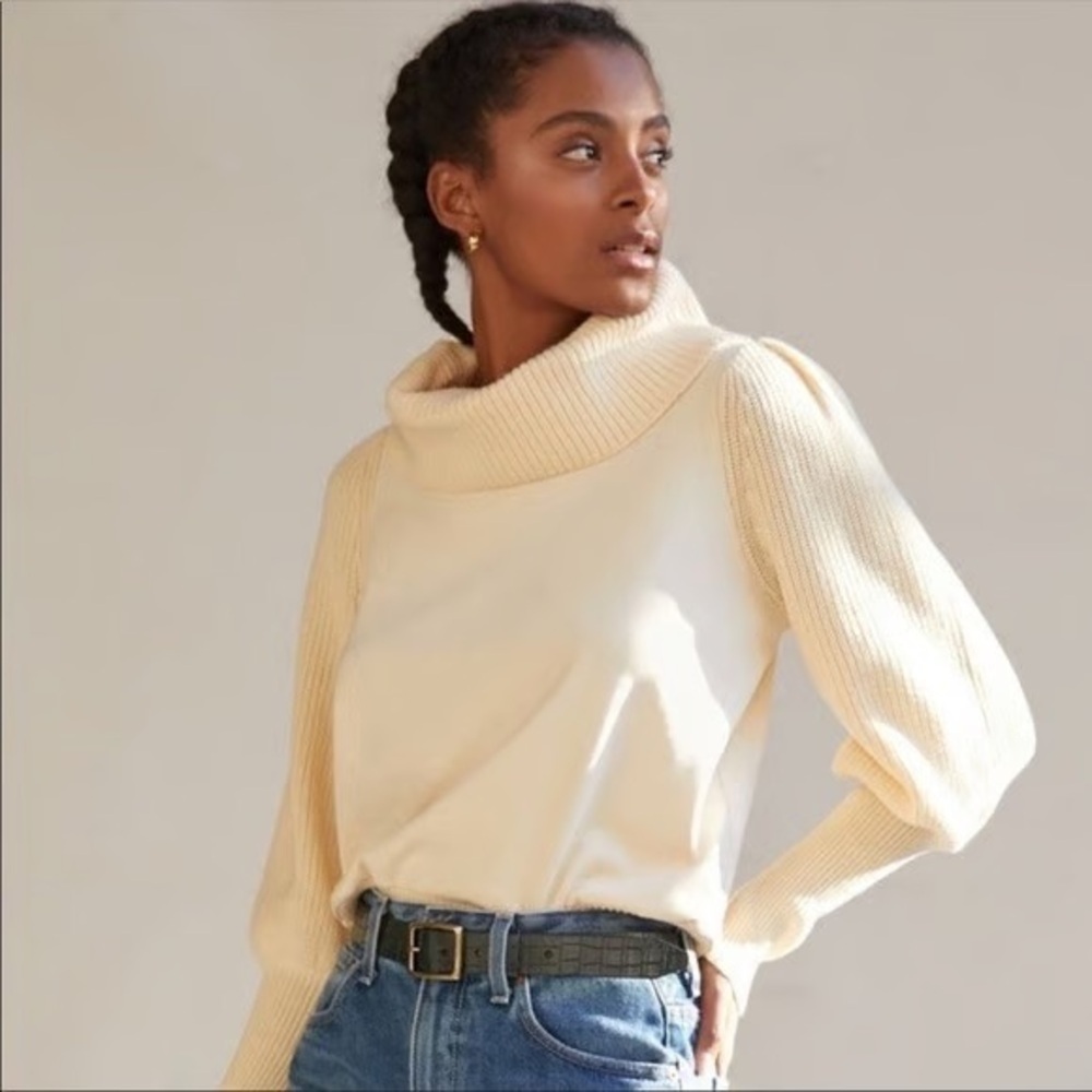Anthropologie Dolan Left Coast Mixed Media Cowl Neck Sweater Cream Size Small